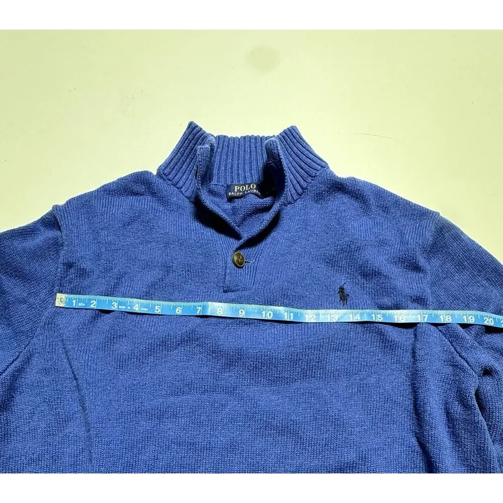 Polo Ralph Lauren Blue Ribbed Knit Mock Neck Button Pullover Sweater Logo XL